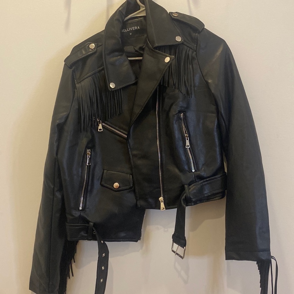 Leather jacket with fringe